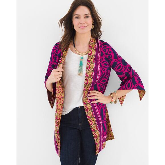Chico's NWOT Satin Paisley Printed Reversible Open Front Kimono Duster Jacket - Picture 1 of 10